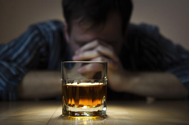 Photo of a man in front of a glass of alcohol