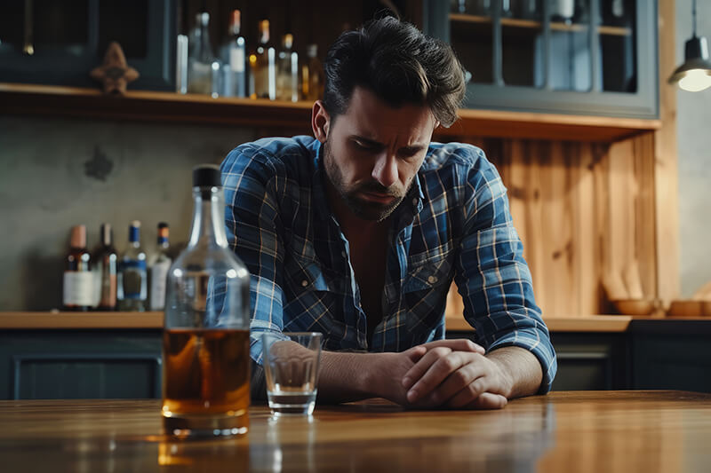A photo of a person thinking about alcohol
