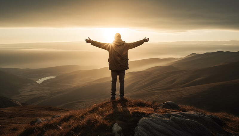 Photo of a man standing on top of mountain peak with arms raised