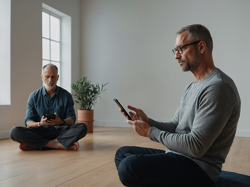 Photo of 2 men with mindfulness workshop sitting with phone