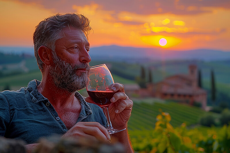 Photo of a man enjoying a glass of wine in a vineyard