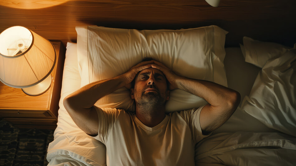 A photo of a man laying in bed with his hands to his face showing signs of exhaustion