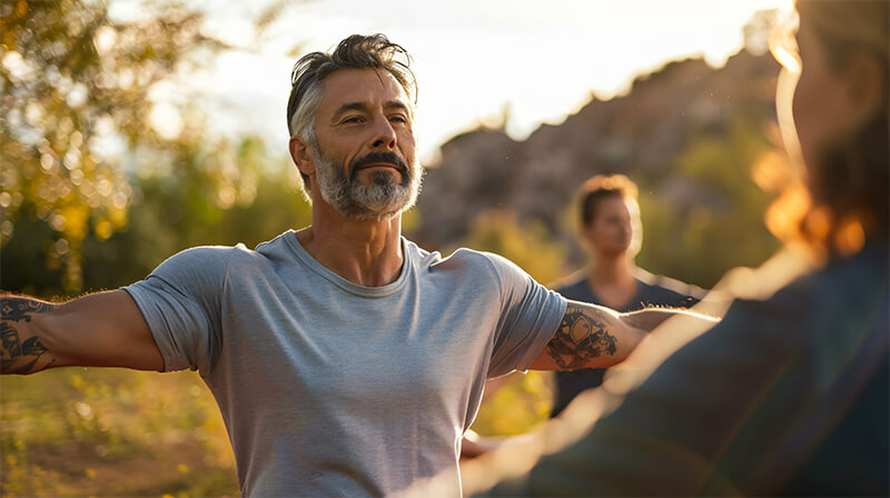 A photo of a fit man practicing yoga