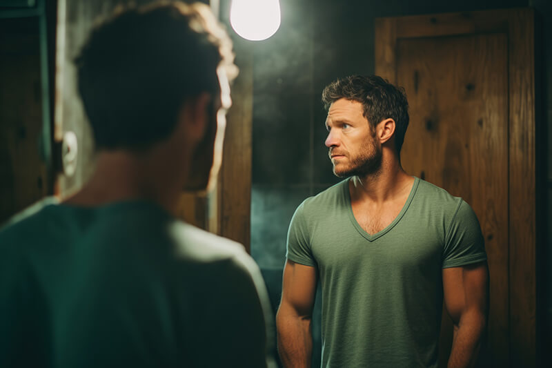 Photo of a man looking in the mirror