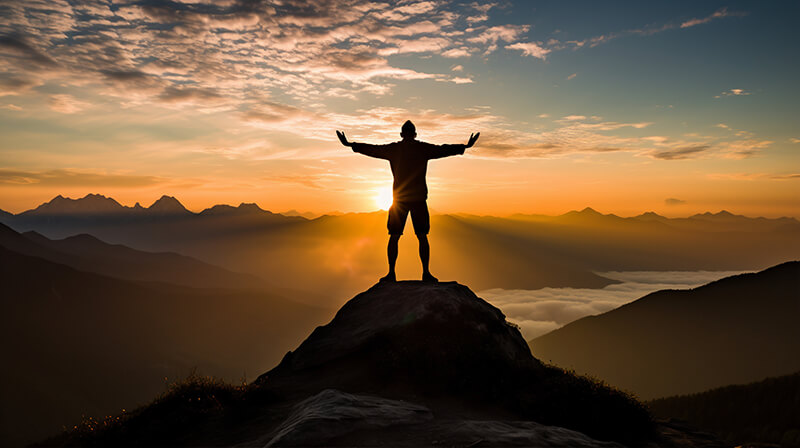 Photo of a person practicing yoga on top of a mountain with sunset