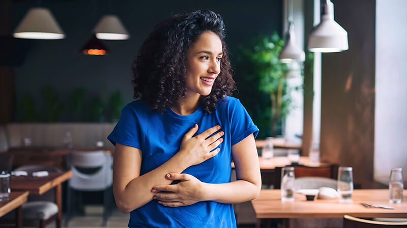 A photo of a woman remembering tasty food