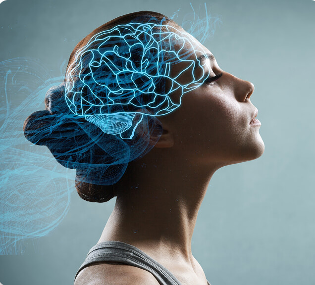 Image of a woman with an overlay image of a brain