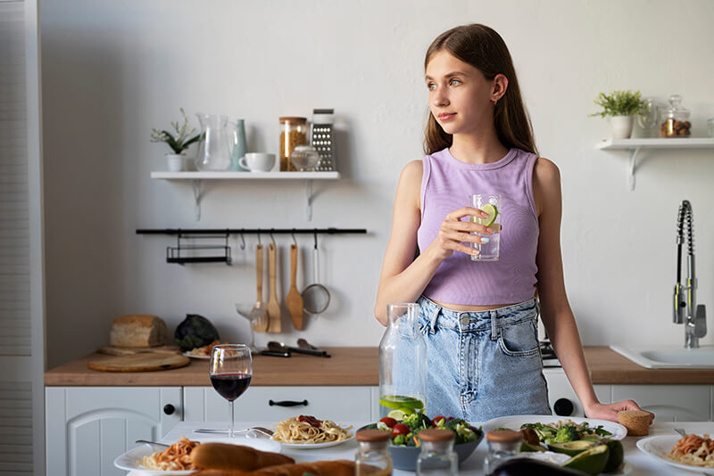 Photo of a young woman holding a glass of water next to a dinning table full of food