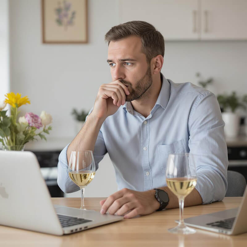 Photo of a man working with his laptop with a glass of wine next to him