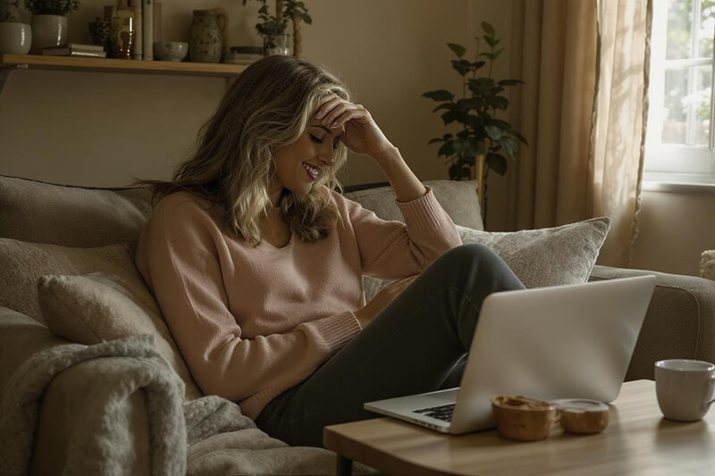 A photo of a woman looking at something while sitting on a sofa smiling