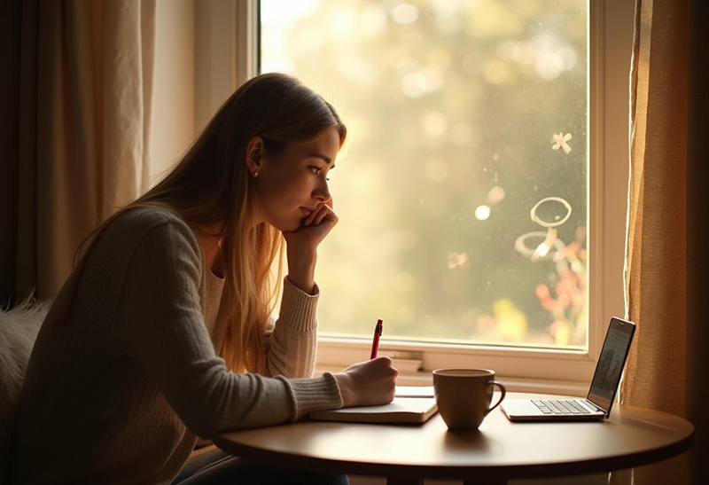 A photo of a woman sitting at a table writing in a journal looking at a laptop