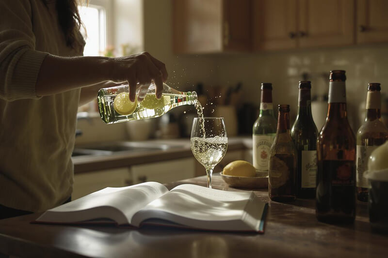 A photo of a man pouring water with lemon into a glass in the kitchen