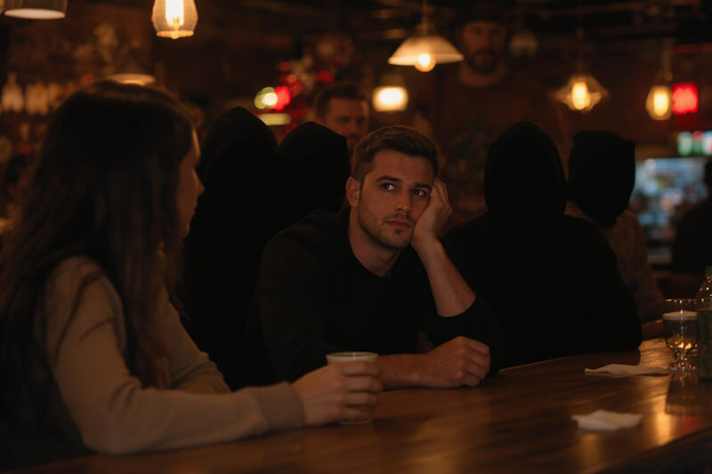 Photo of a couple at a bar, she is holding a glass while he seems bored and not drinking anything
