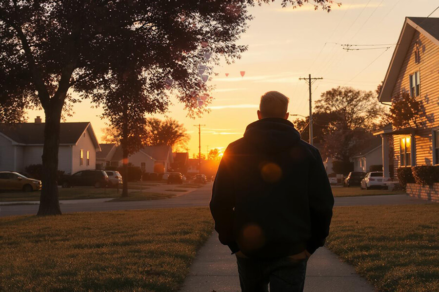 A man walking looking into the sunset