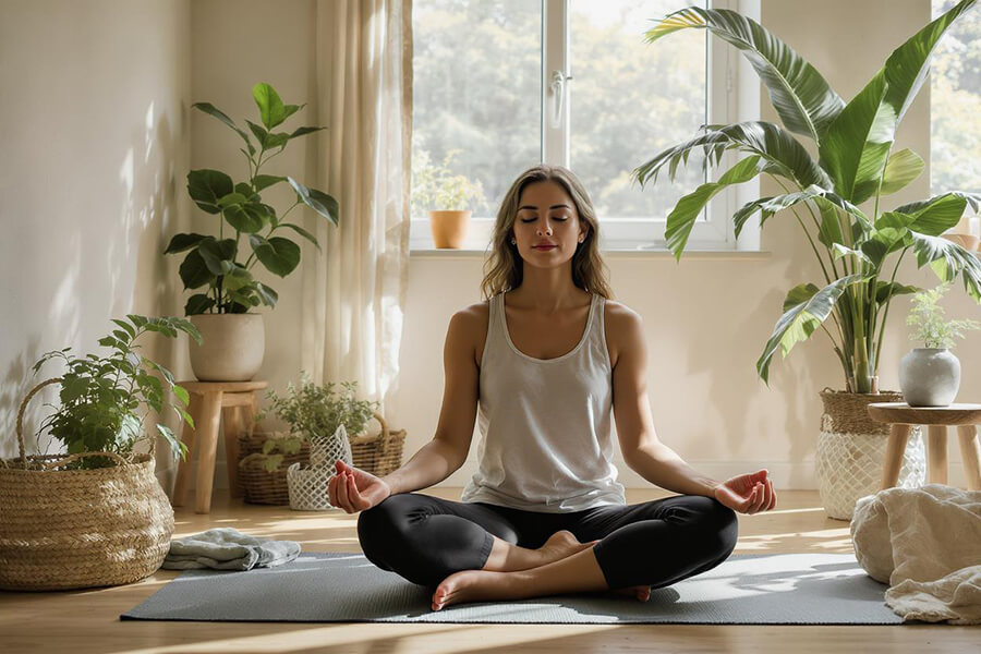 A photo of a woman meditating in the living room
