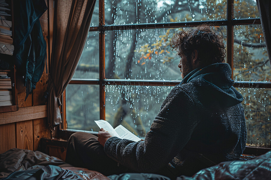 A photo of a man relaxing in a wood cabin reading a book