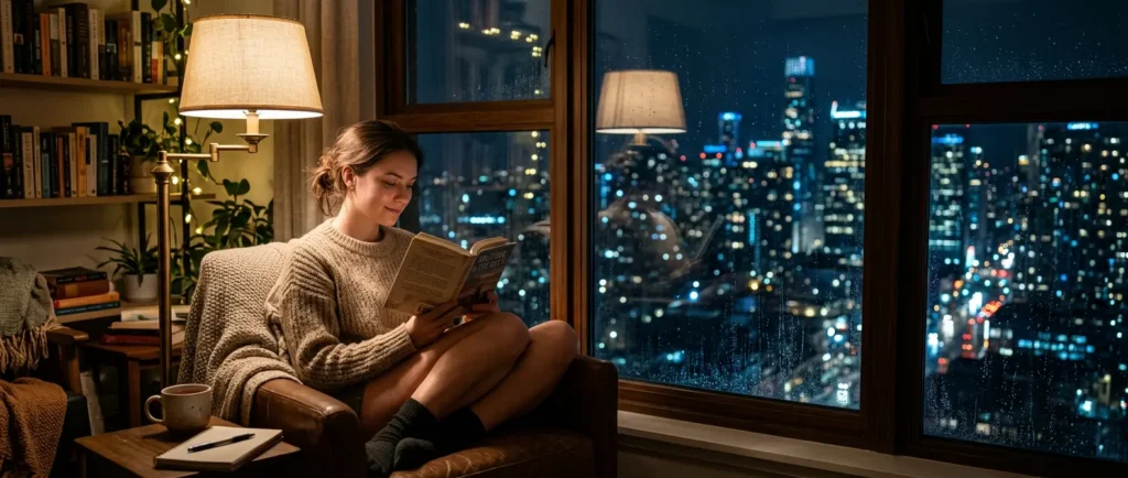 alone but not lonely person content in solitude reading by a window