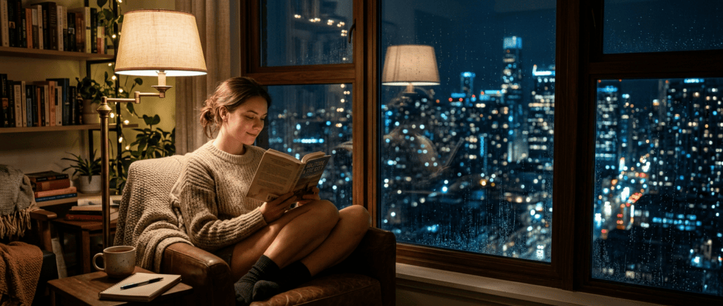 alone but not lonely person content in solitude reading by a window
