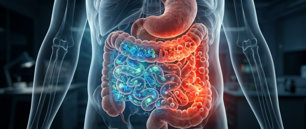 alcohol and gut health illustration of gut bacteria and intestinal lining