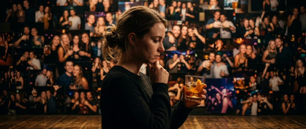 anchoring bias and alcohol person comparing their drink to a group at a bar